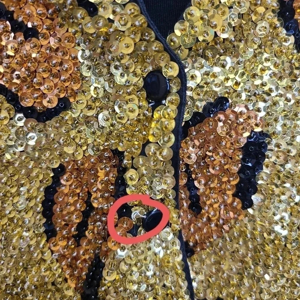 Chantik Vintage Full Sequin Vest Cat Eye Leopard Print Orange Gold Black - Picture 7 of 13